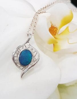 Sterling Silver Oval Blue Opal Ornate Pendant on Silver Chain