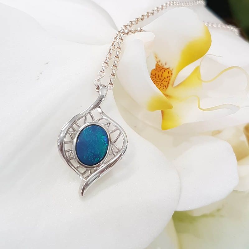 20210601_221046 Sterling Silver Oval Blue Opal Ornate Pendant on Silver Chain