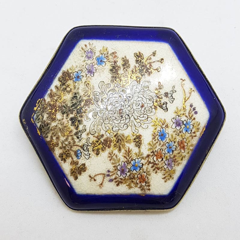 20210602_210358 Antique Japanese Satsuma Brooch - Hexagonal - Floral Scenery