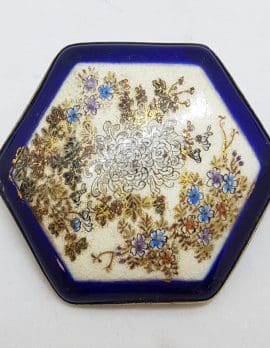 Antique Japanese Satsuma Brooch - Hexagonal - Floral Scenery