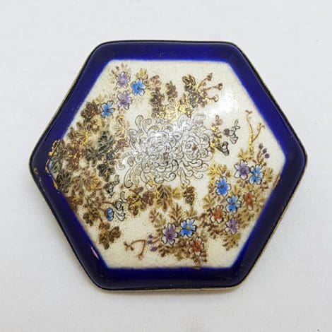 Antique Japanese Satsuma Brooch - Hexagonal - Floral Scenery