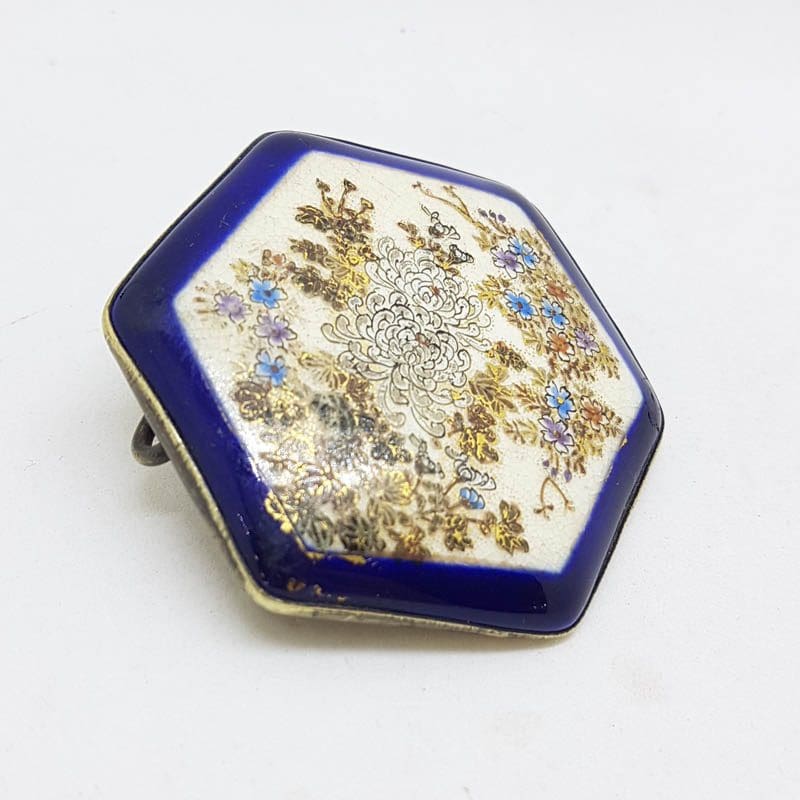 20210602_210439 Antique Japanese Satsuma Brooch - Hexagonal - Floral Scenery