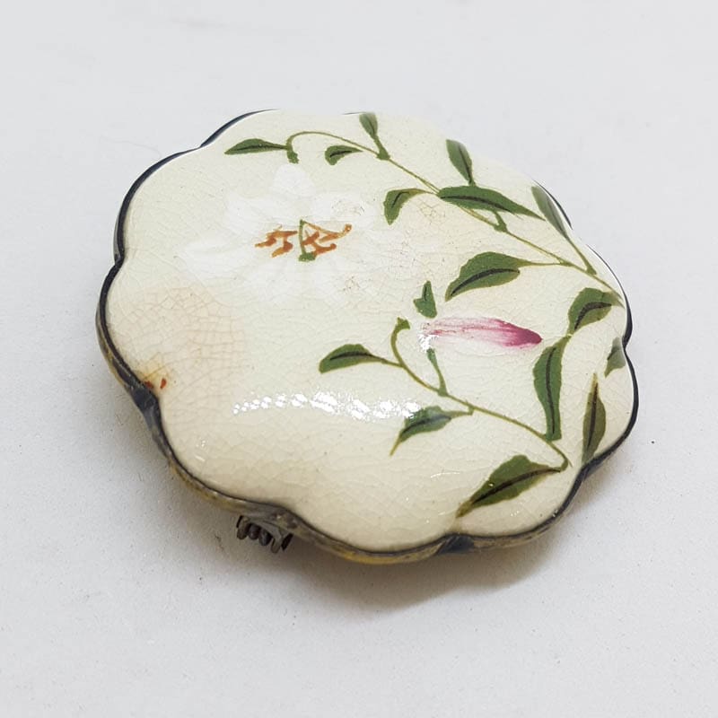 Antique Japanese Satsuma Brooch - Round Flower Shape - Floral Scenery