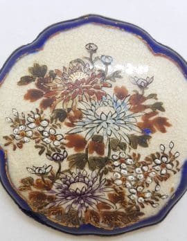 Antique Japanese Satsuma Brooch - Unusual Shape - Floral Scenery