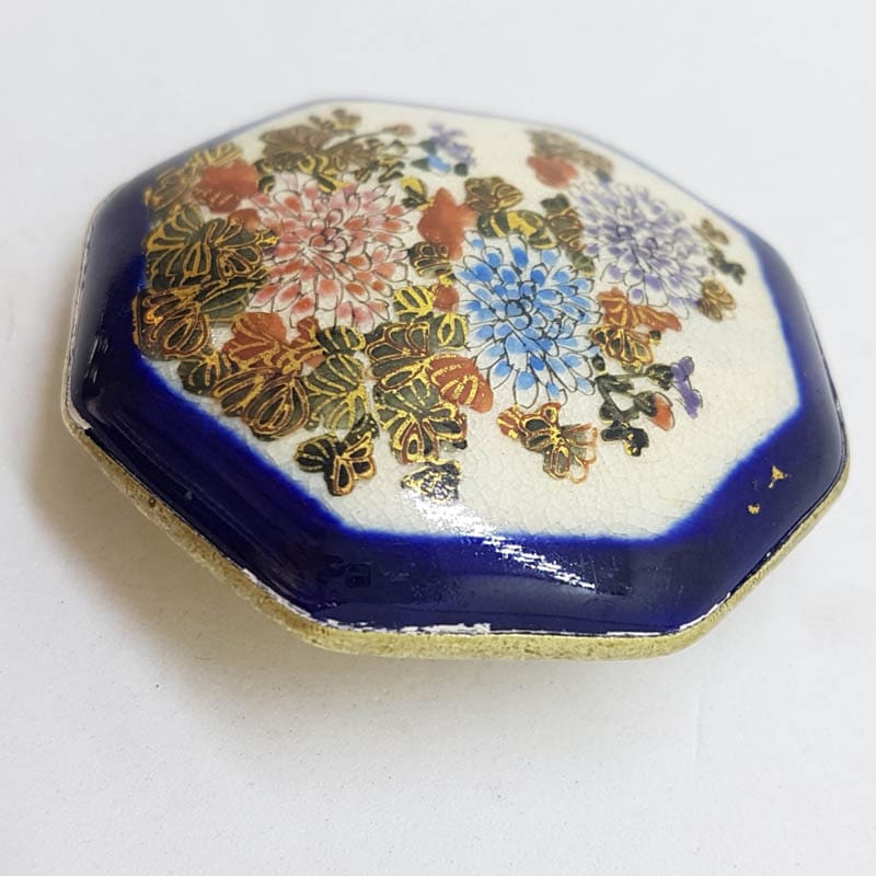 Antique Japanese Satsuma Brooch - Octagonal - Floral Chrysanthemum Scenery