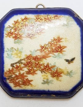 Antique Japanese Satsuma Brooch - Square / Octagonal - Floral and Butterfly Scenery