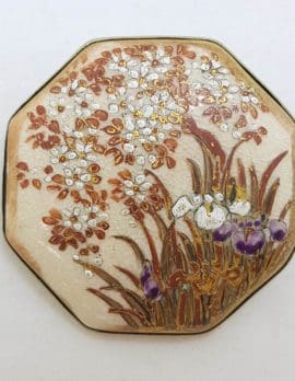 Antique Japanese Satsuma Brooch - Octagonal - Floral & Iris Scenery