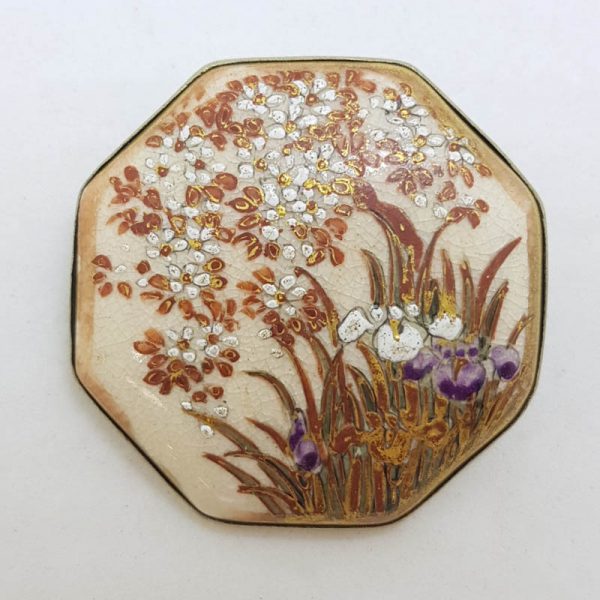 Large Antique Japanese Satsuma Brooch Octagonal Floral & Iris