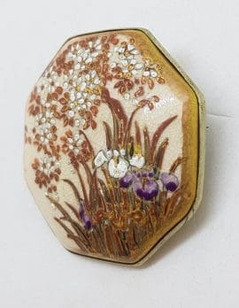 Antique Japanese Satsuma Brooch - Octagonal - Floral & Iris Scenery
