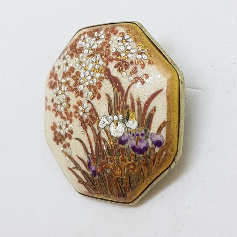 Antique Japanese Satsuma Brooch - Octagonal - Floral & Iris Scenery
