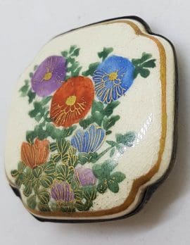 Antique Japanese Satsuma Brooch - Square - Floral Scenery