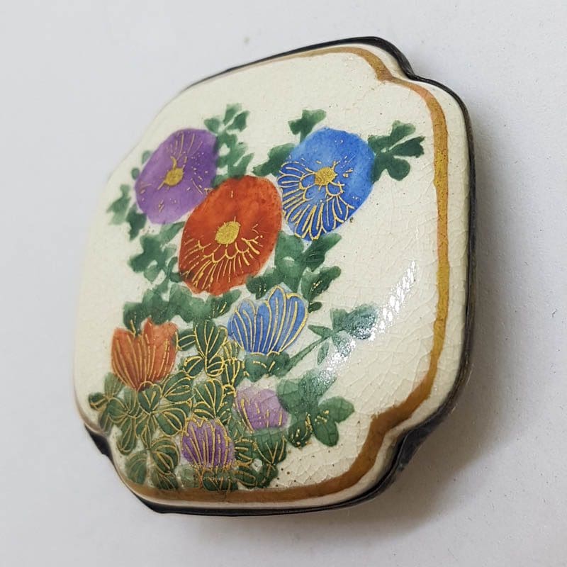 Antique Japanese Satsuma Brooch - Square - Floral Scenery
