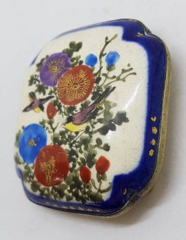 Antique Japanese Satsuma Brooch - Square - Floral and Bird Scenery