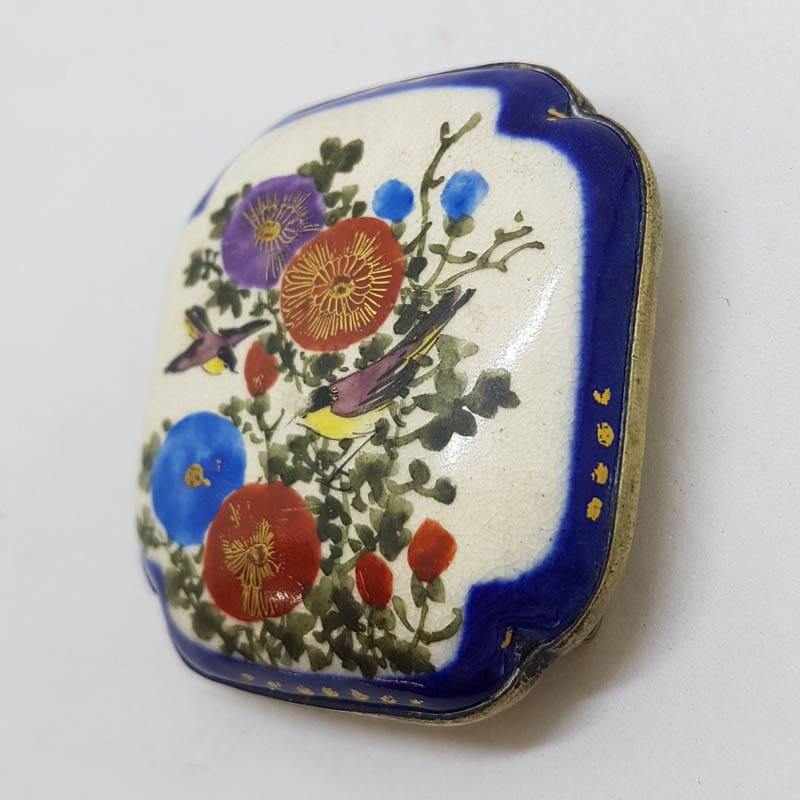 20210602_210932 Antique Japanese Satsuma Brooch - Square - Floral and Bird Scenery