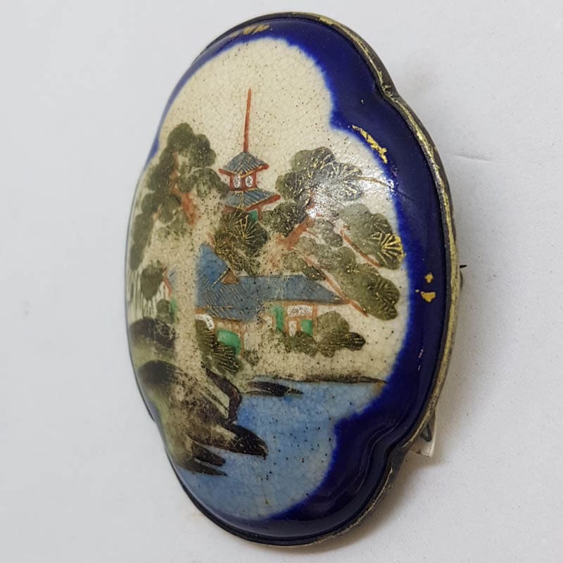 Large Antique Japanese Satsuma Brooch Oval Pagoda with Tree Scenery