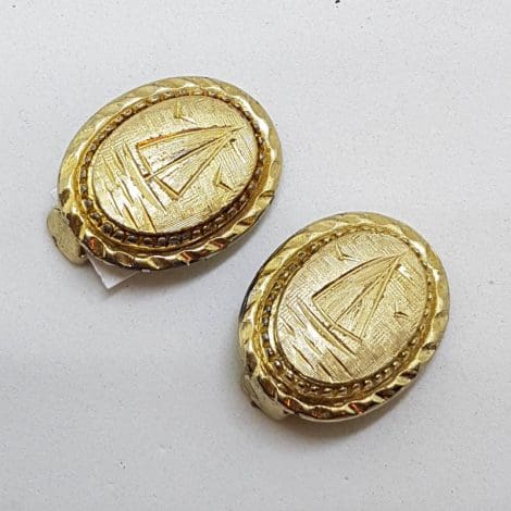 Plated Clip-On Oval Earrings with Ship / Sailing Motif - Vintage Costume Jewellery