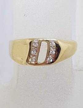 9ct Yellow Gold Initial D Diamond Signet Ring - Vintage