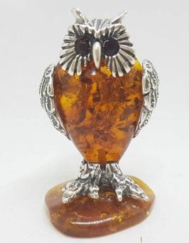 Owl Standing – Solid Sterling Silver Natural Baltic Amber Animal Figurine / Statue / Sculpture