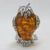 Owl Standing with Book – Solid Sterling Silver Natural Baltic Amber Animal Figurine / Statue / Sculpture