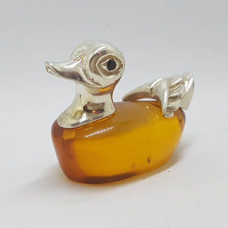Duck – Solid Sterling Silver Natural Baltic Amber Animal Figurine / Statue / Sculpture