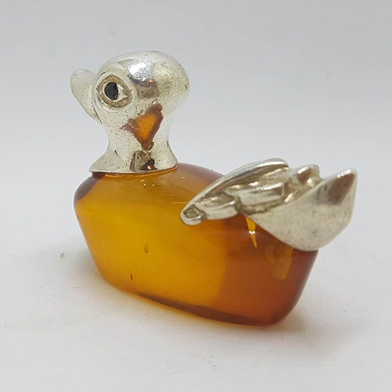 Duck – Solid Sterling Silver Natural Baltic Amber Animal Figurine / Statue / Sculpture