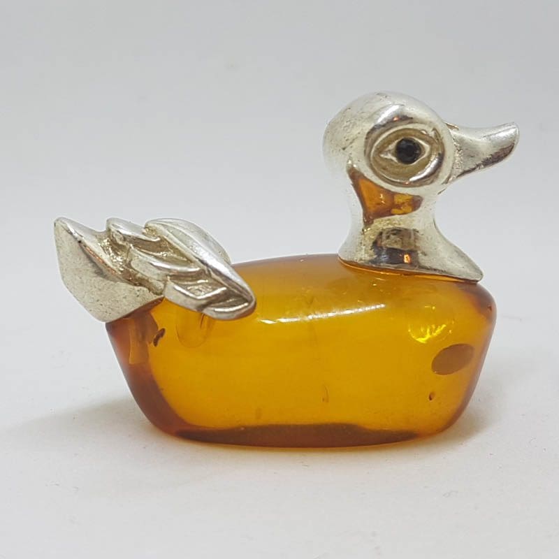 Duck – Solid Sterling Silver Natural Baltic Amber Animal Figurine / Statue / Sculpture