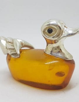 Duck – Solid Sterling Silver Natural Baltic Amber Animal Figurine / Statue / Sculpture