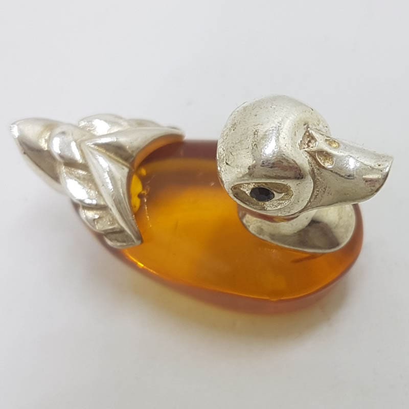 Duck – Solid Sterling Silver Natural Baltic Amber Animal Figurine / Statue / Sculpture