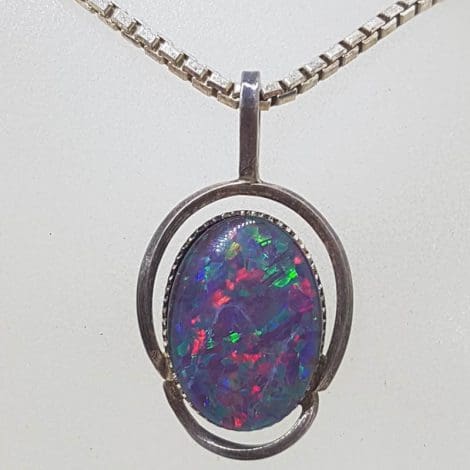 Sterling Silver Oval Opal Triplet Pendant on Silver Chain - Vintage