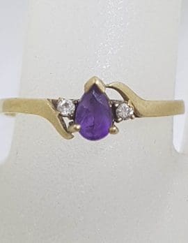 9ct Yellow Gold Teardrop / Pear Shape Amethyst and Diamond Ring - Vintage