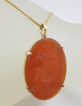 9ct Yellow Gold Large Oval Carved Carnelian Seal with Emblem / Crest Pendant on Gold Chain - Antique / Vintage