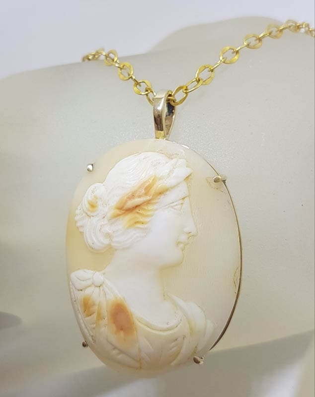 9ct Yellow Gold Large Oval Ladies Head Cameo Pendant on Gold Chain