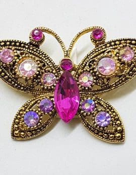 Plated Pink Rhinestone Butterfly Brooch – Vintage Costume Jewellery