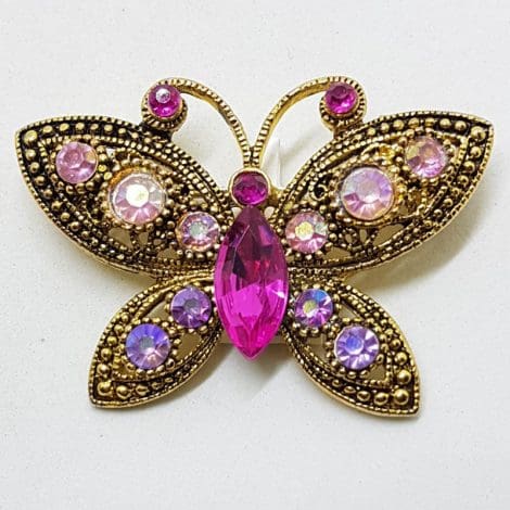 Plated Pink Rhinestone Butterfly Brooch – Vintage Costume Jewellery
