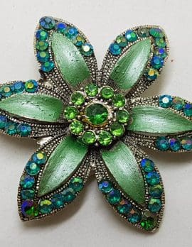 Plated Large Blue and Green Flower Brooch – Vintage Costume Jewellery