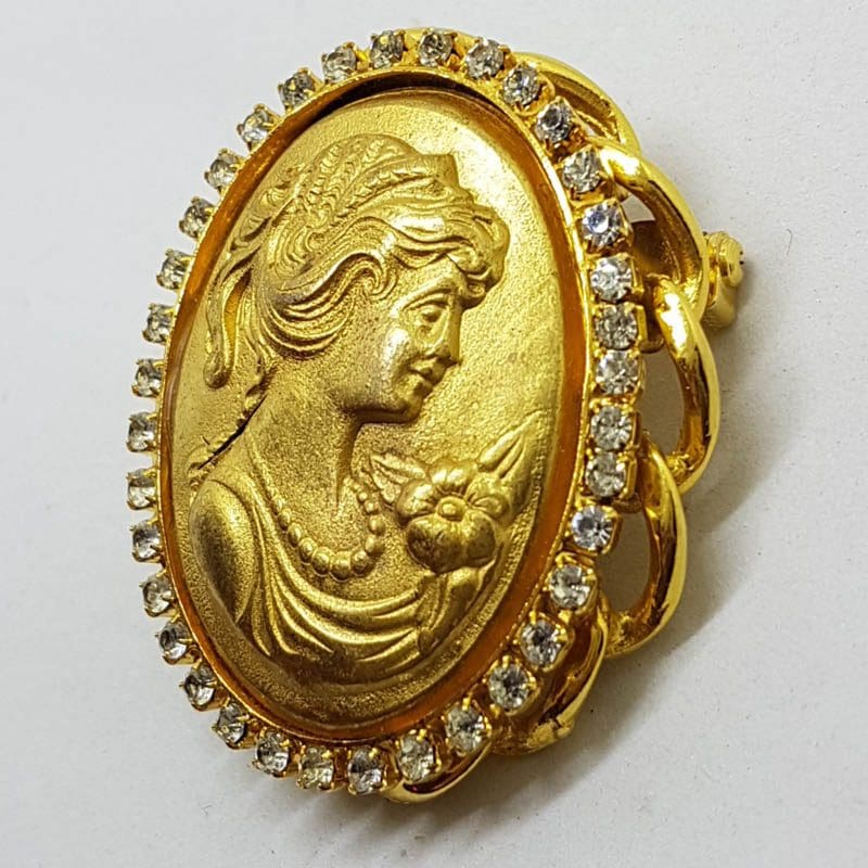20210604_211022 Very Large Plated Oval Ladies Head Cameo with Rhinestone Brooch - Vintage Costume Jewellery