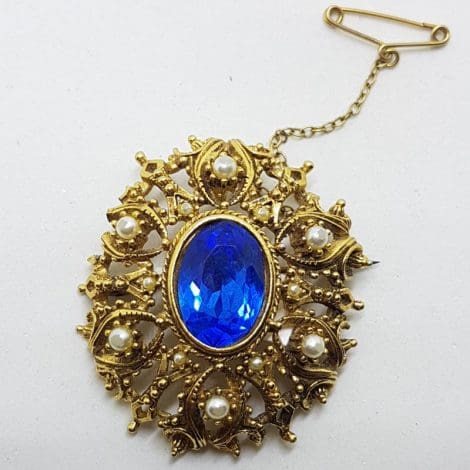 Plated Oval Blue and White Cluster Brooch – Vintage Costume Jewellery