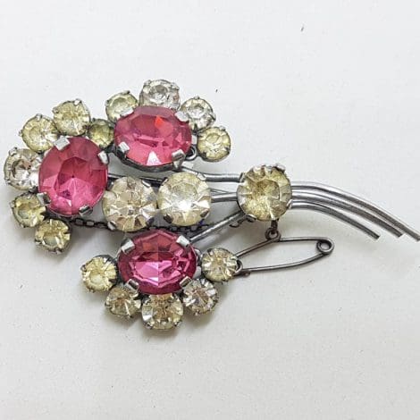 Plated Pink and Clear Rhinestone Floral Brooch - Vintage Costume Jewellery