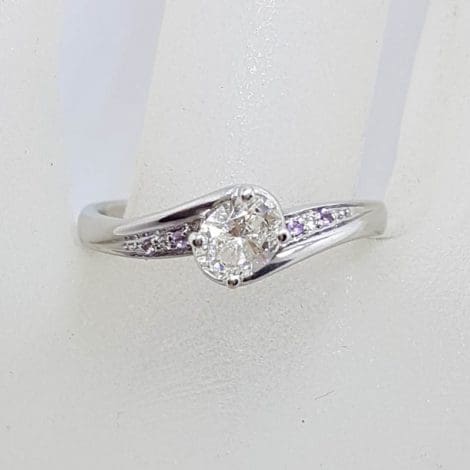 18ct White Gold Oval Diamond with 4 Round Amethyst Handmade Engagement Ring / Dress Ring