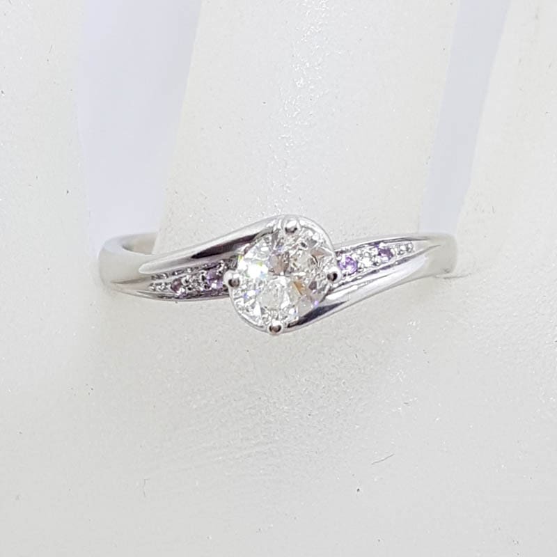 18ct White Gold Oval Diamond with 4 Round Amethyst Handmade Engagement Ring / Dress Ring