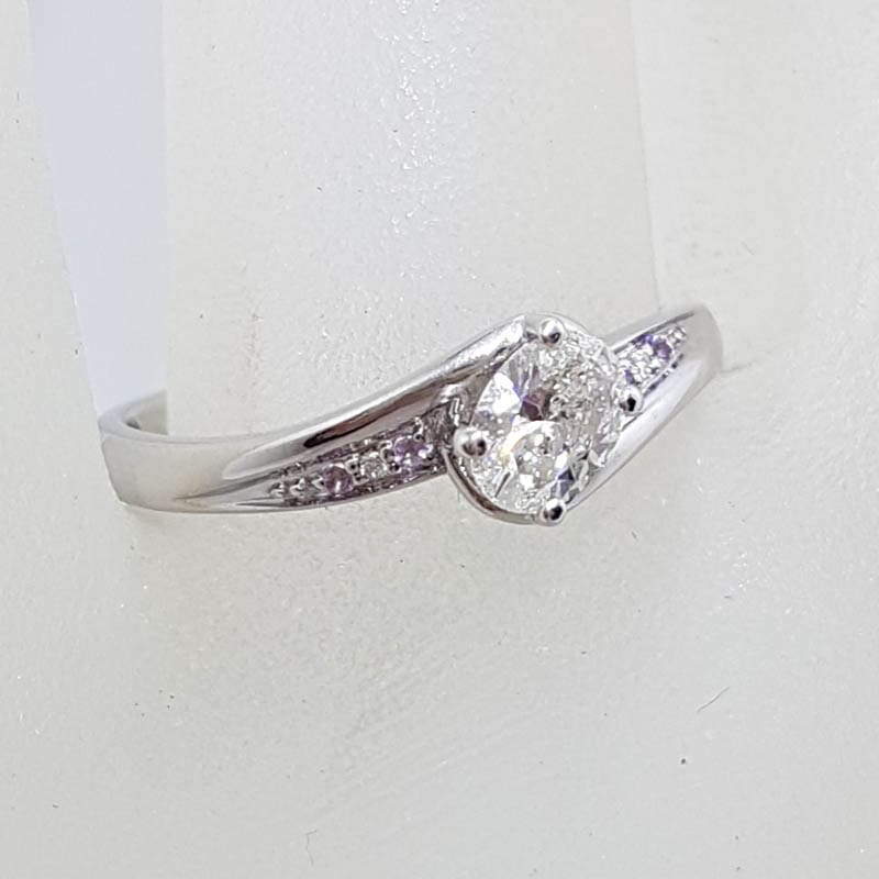 18ct White Gold Oval Diamond with 4 Round Amethyst Handmade Engagement Ring / Dress Ring