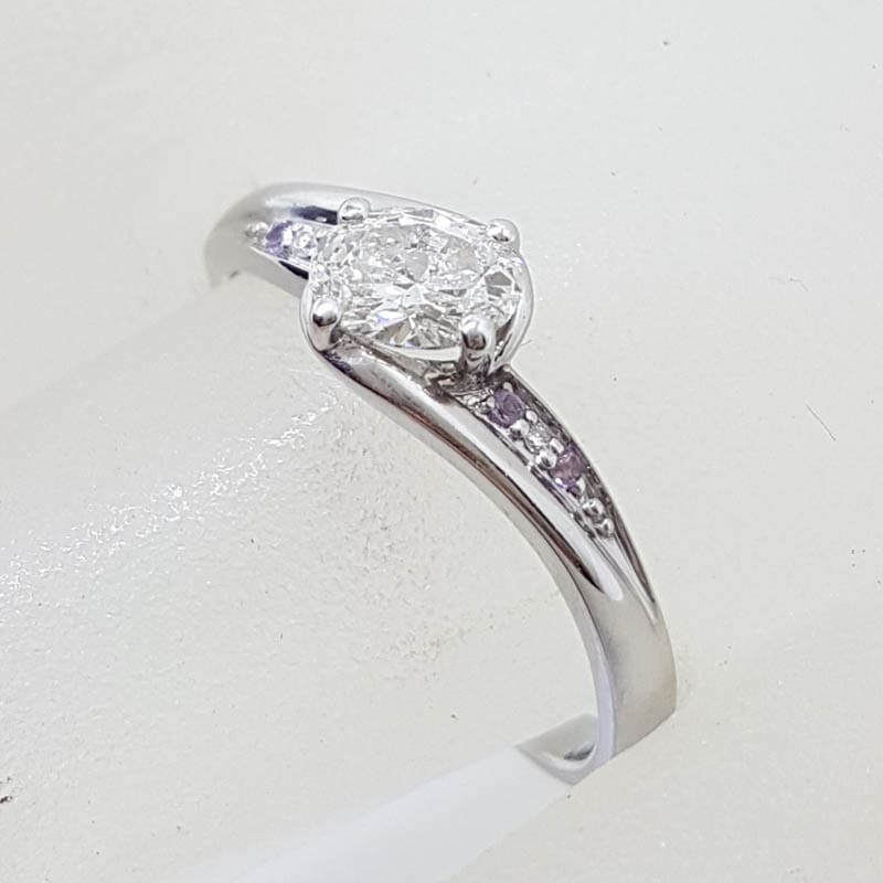 18ct White Gold Oval Diamond with 4 Round Amethyst Handmade Engagement Ring / Dress Ring