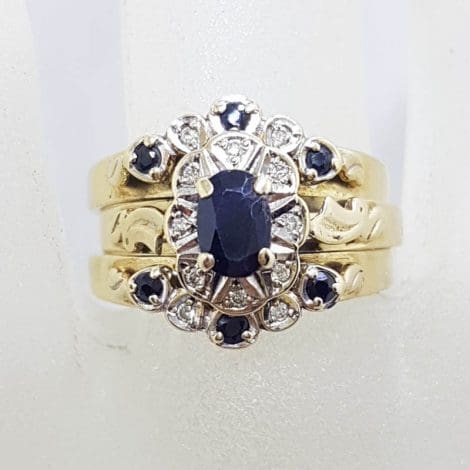 9ct Yellow Gold Oval Natural Sapphire 7 Diamond Cluster - Set of Three Rings - Engagement Ring / Wedding Ring / Eternity Ring - Dress Ring