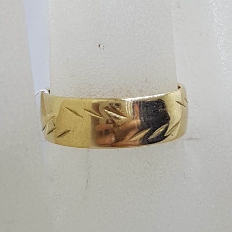 9ct Yellow Gold Wide Patterned Band Ring - Wedding Ring - Vintage