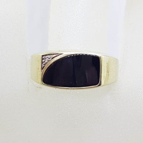 9ct Yellow Gold Onyx with Diamond Ring - Gents Ring