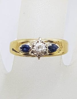 18ct Yellow Gold Round Diamond with 2 Marquis Shape Natural Sapphires Engagement / Dress Ring - Antique / Vintage