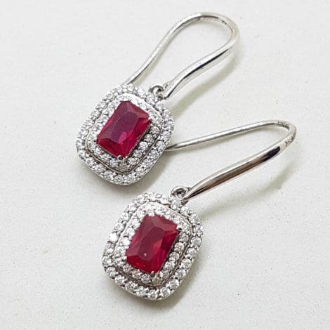 Sterling Silver Cubic Zirconia and Red Rectangular Drop Earrings