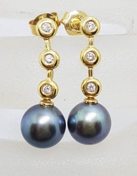 18ct Yellow Gold Black Tahitian Pearl with Diamond Long Drop Earrings