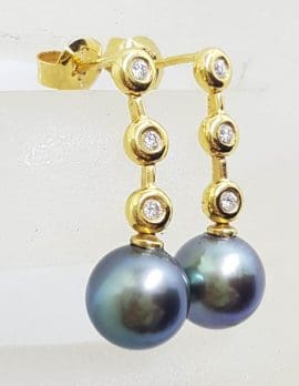 18ct Yellow Gold Black Tahitian Pearl with Diamond Long Drop Earrings