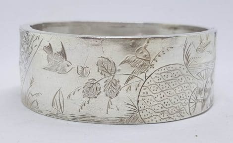 Sterling Silver Wide Floral and Bird Design Antique Bangle - Hinged - Antique / Vintage
